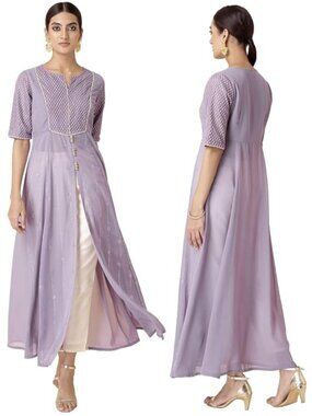 Indya Georgette Lavender Embroidered Foil High Slit Kurta ~ Small
